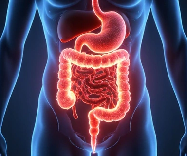 Imagen abstracta del sistema digestivo humano con elementos luminosos que representan una flora intestinal saludable.