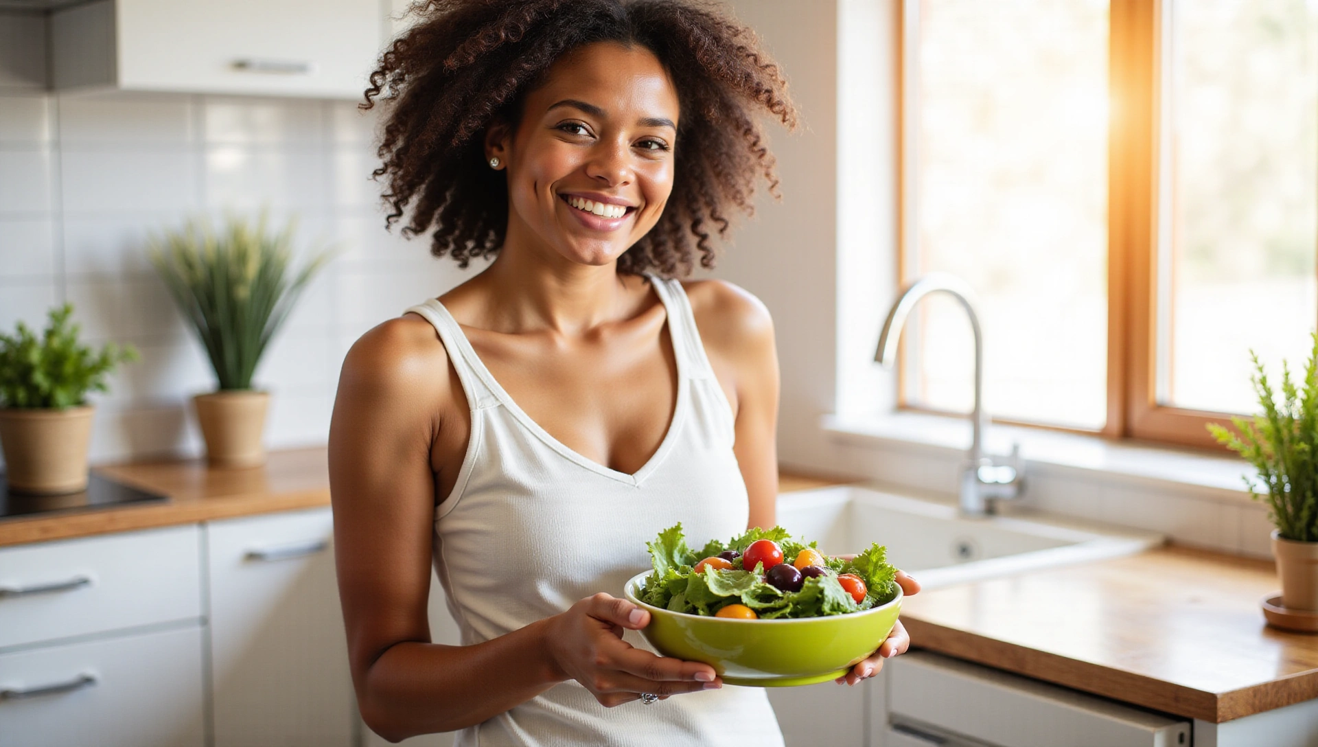 Mujer sonriendo mientras come una ensalada fresca, simbolizando una nutrición saludable y bienestar.