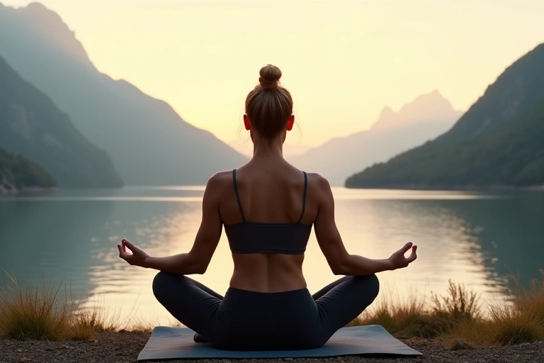 Una persona meditando en una postura de yoga al aire libre, con montañas y un lago al fondo, simbolizando bienestar integral y conexión con la naturaleza.